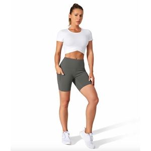 HALARA High Waisted Side Pocket Plain Biker Shorts 7'' in Dark Jade Grey